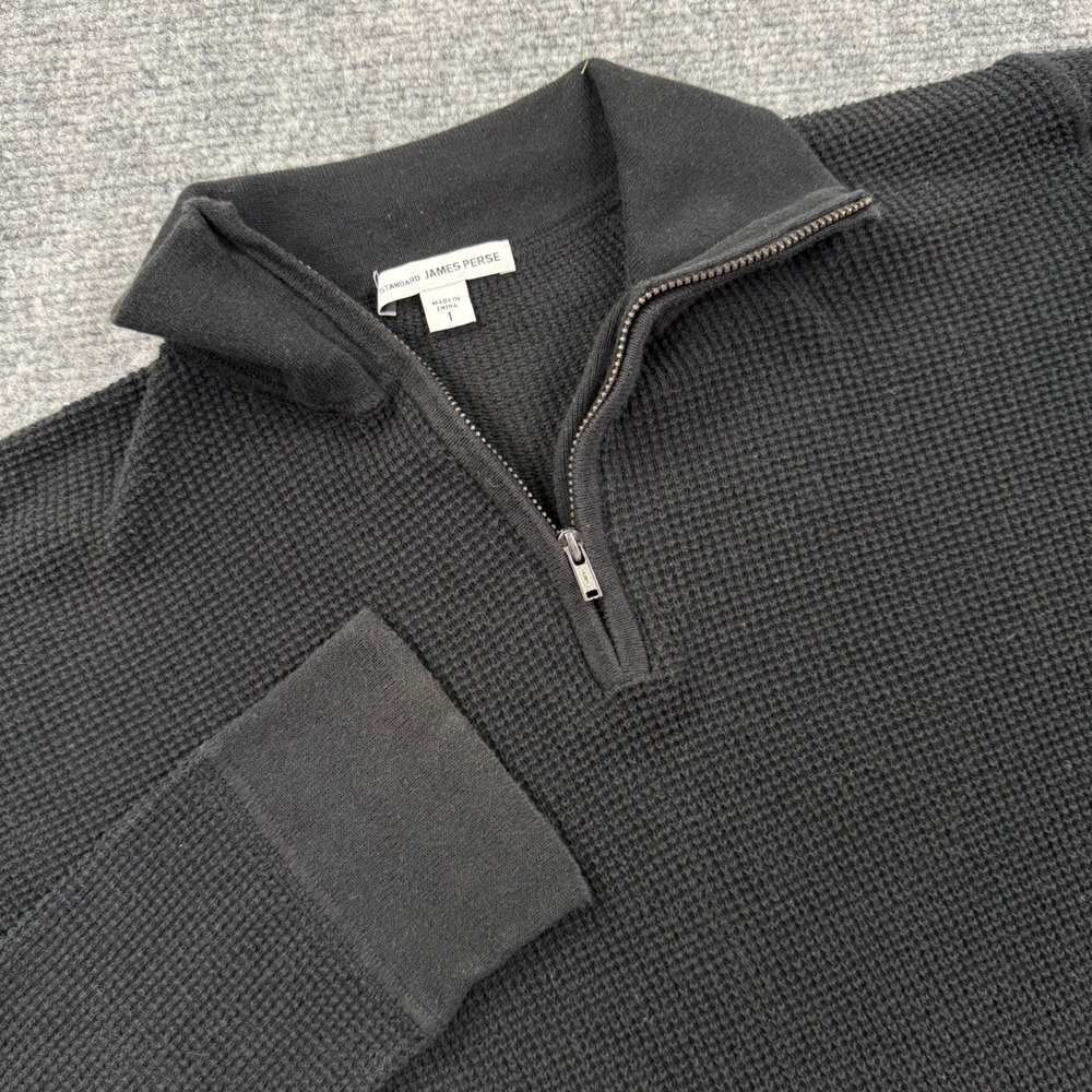 James Perse Quarter Zip Pullover Size 1 Black Waffle Knit Thermaly Women's‎
